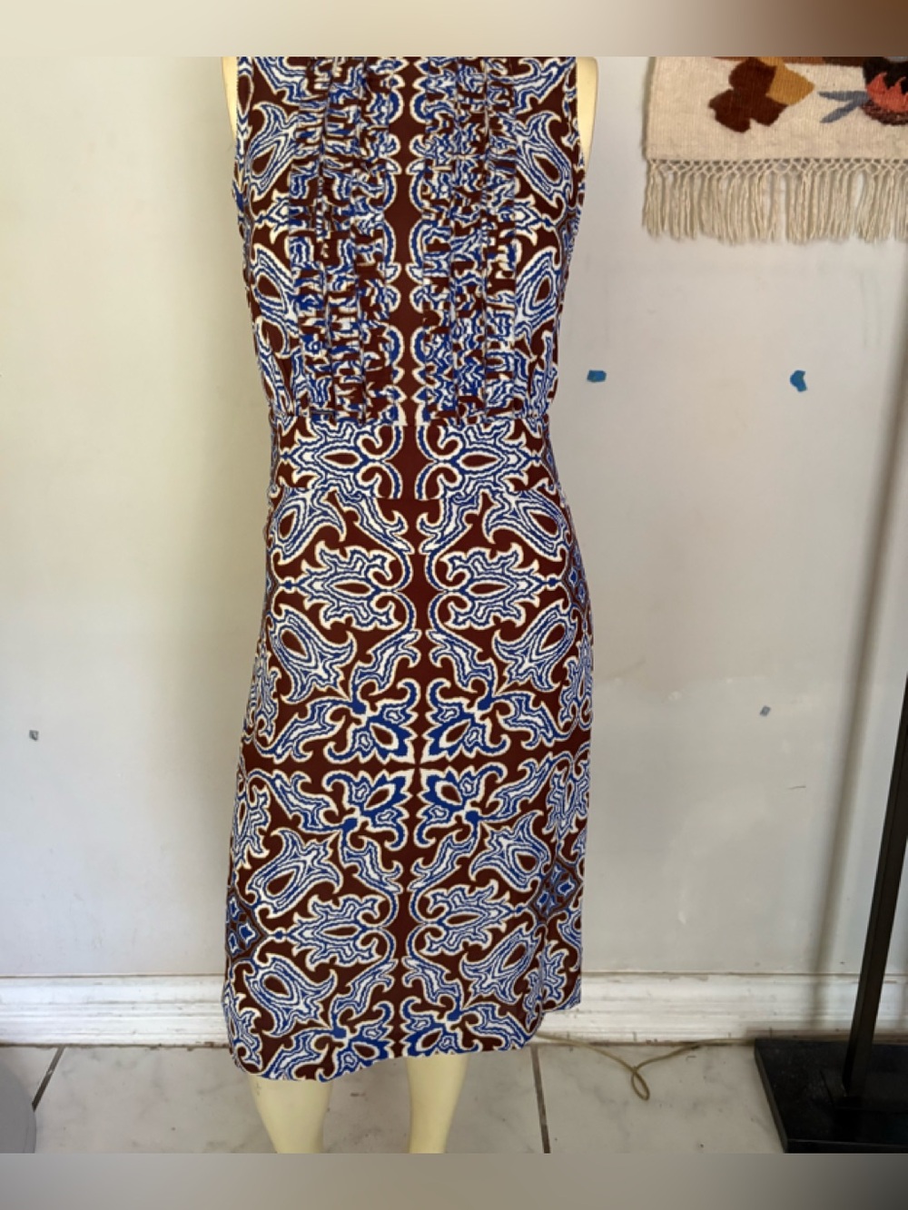 Tory Burch Silk Brown, Blue & White Patterned Midi Dress Size 4